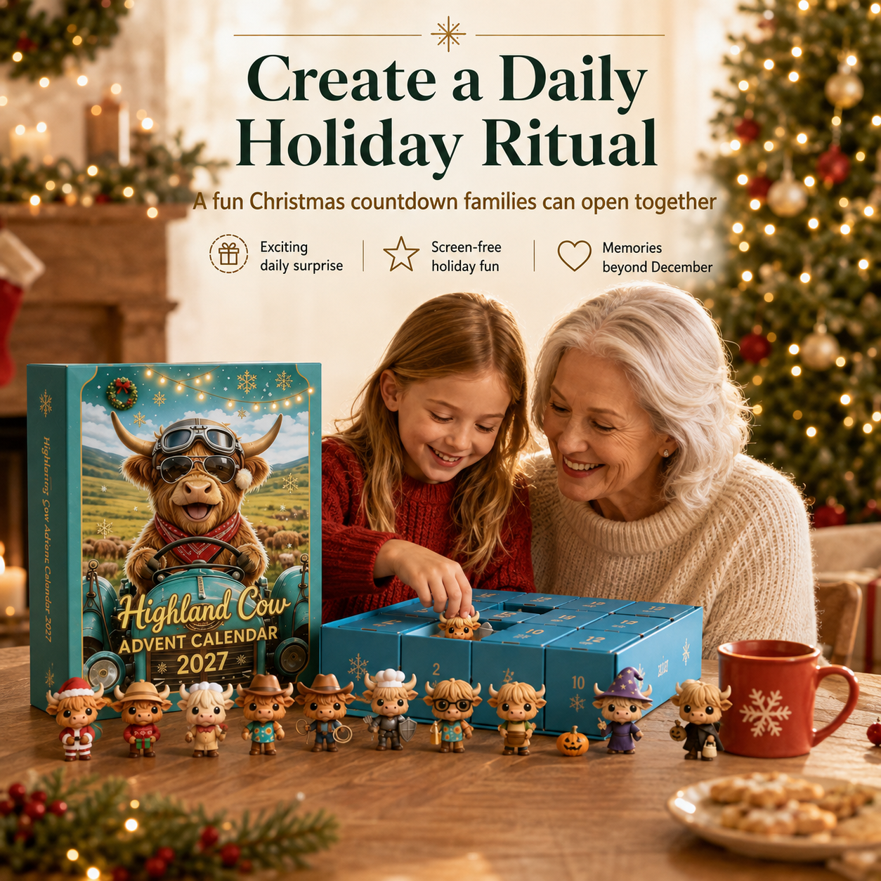 Family opening Highland Cow Advent Calendar at Christmas