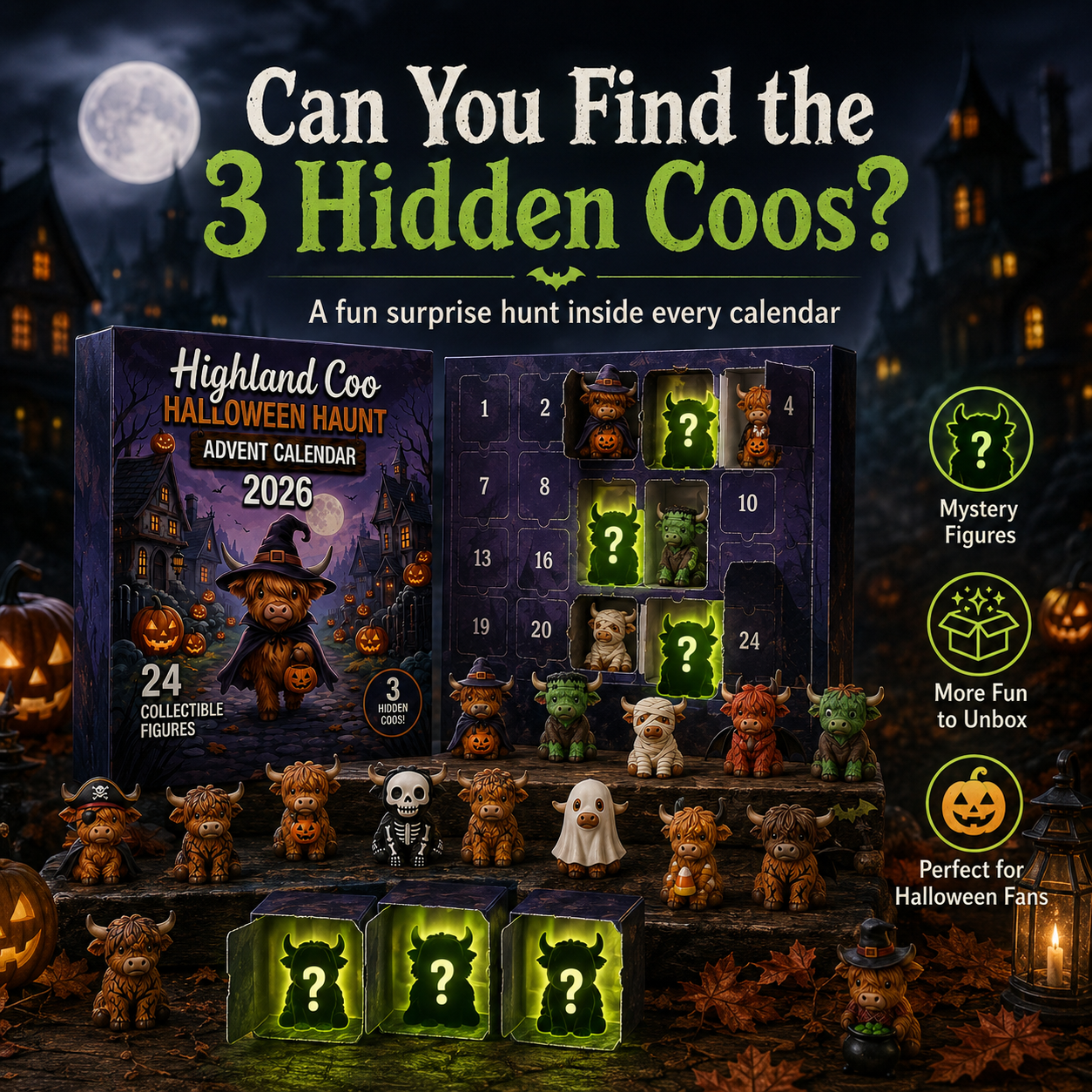 Three hidden mystery Highland Coo figures