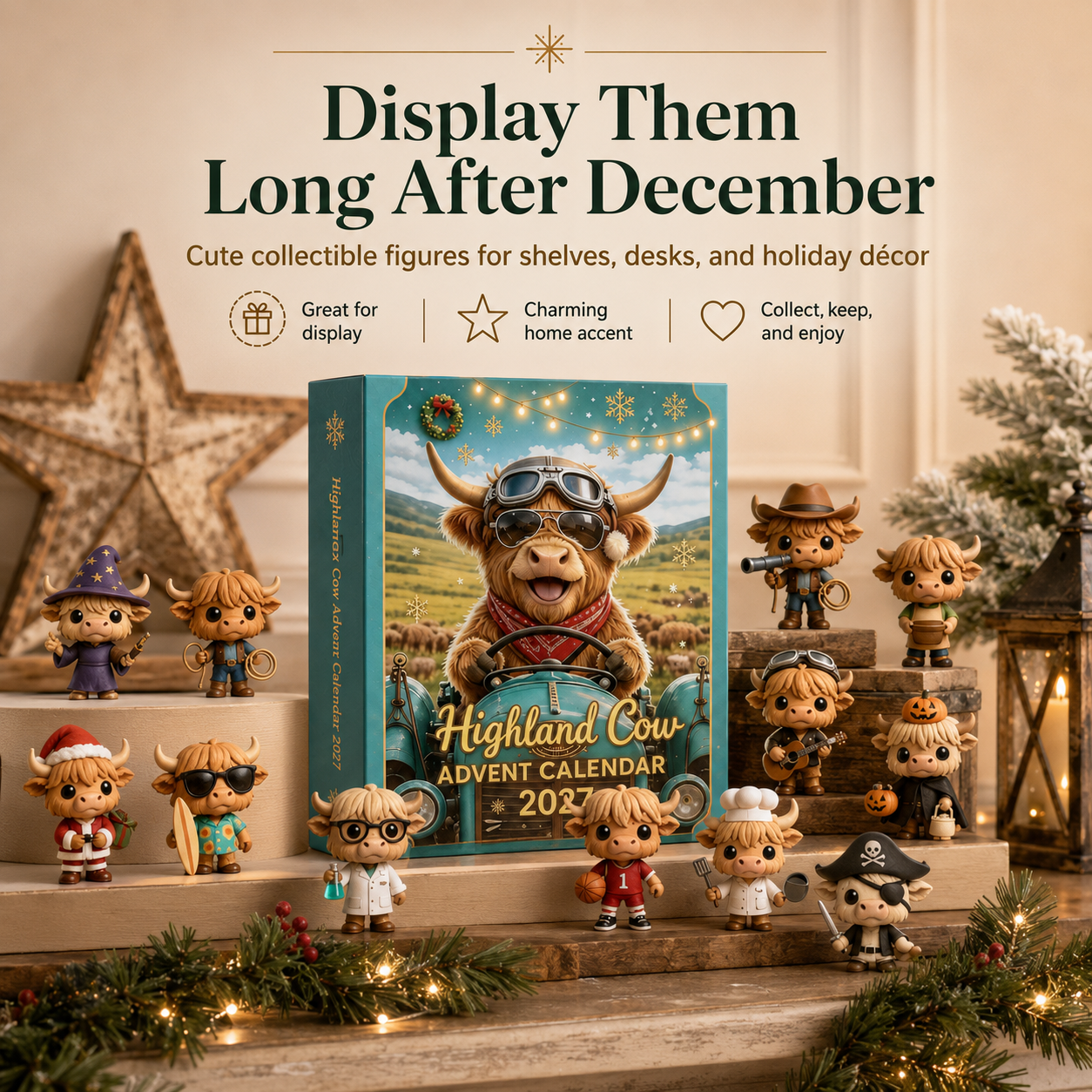 Highland cow mini figures displayed after Christmas