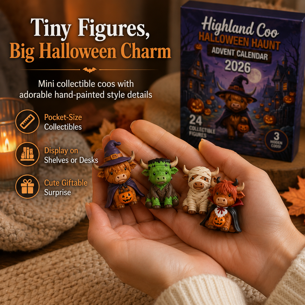 Small Halloween Highland Coo collectible figures held in hand