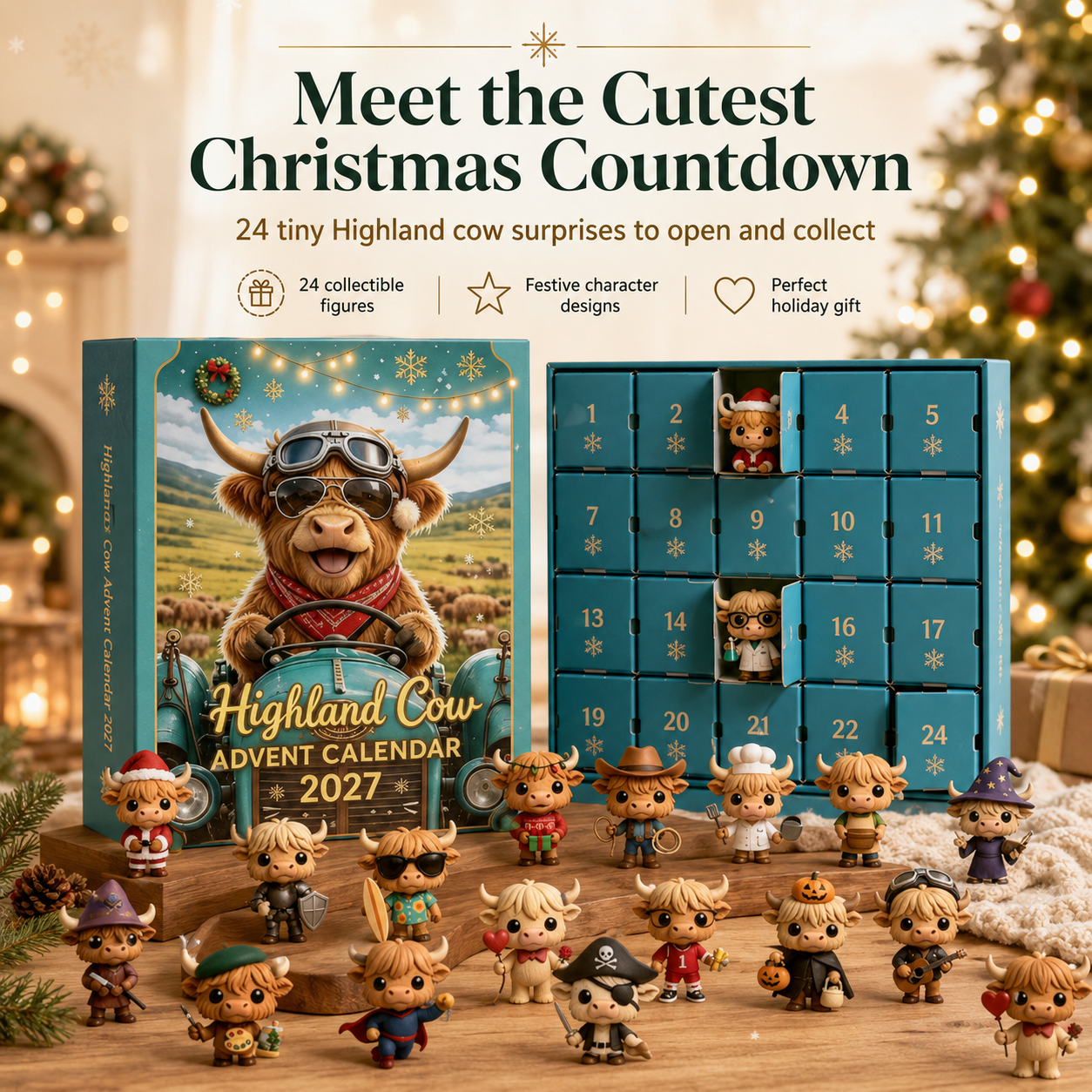 Highland Cow Advent Calendar with 24 collectible Christmas figures