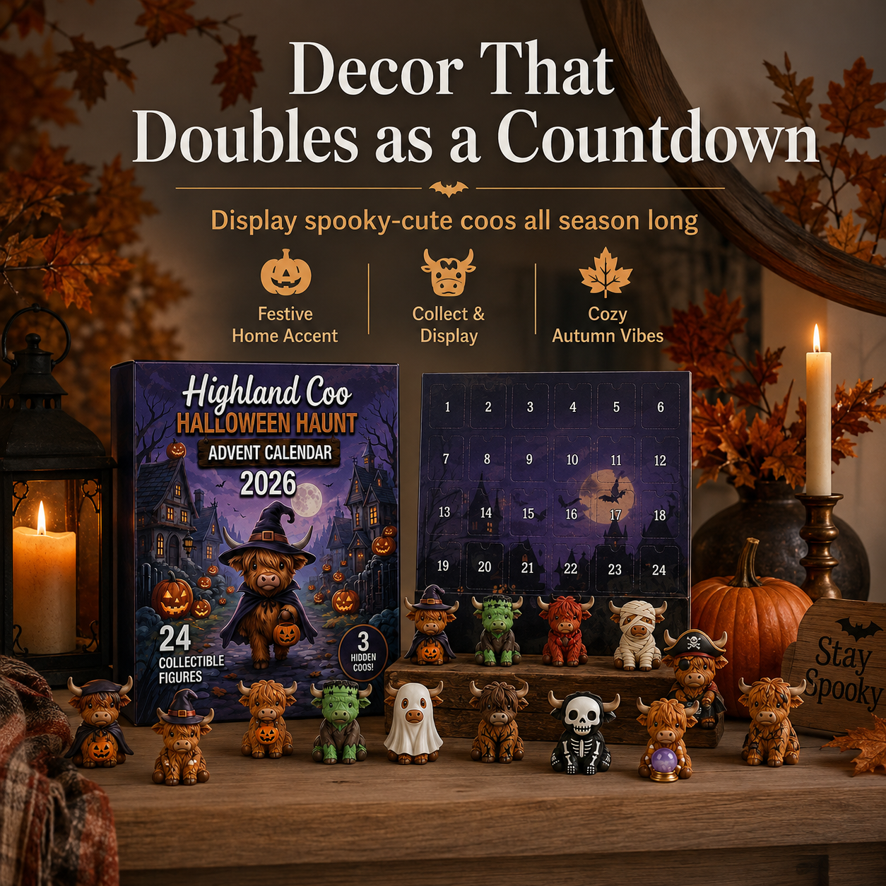 Highland Coo Halloween Advent Calendar used as seasonal decor